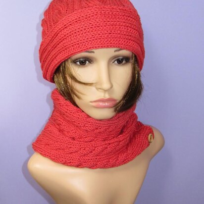 Sideways Cable Cowl and Cable Beanie Hat Set