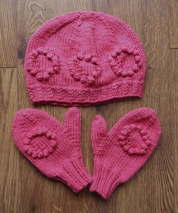 Girl's Flowered Hat and Mittens