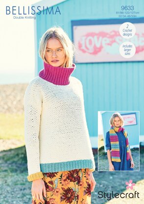 Crochet Moss Stitch Sweater & Shell Stitch Scarf in Stylecraft Bellissima - 9633 - Downloadable PDF