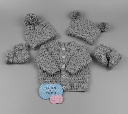 Calum Unisex Baby Knitting Pattern cardigan,hats, mitts and booties hats