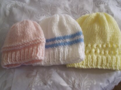 Baby Hat Trio - straight needles DK knitting pattern premature early small baby newborn-3 months