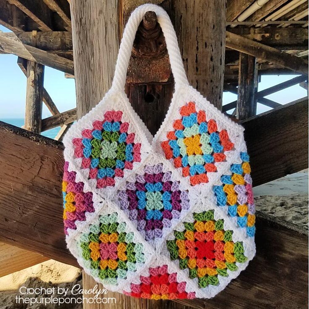 Green and Purple Granny Square Crochet Bag Charm / Keychain 