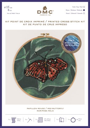 DMC Red Butterfly (printed fabric, 6" hoop) Cross Stitch Kit - 25cm x 25 cm