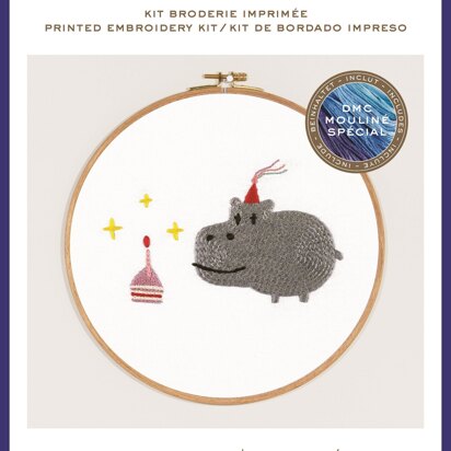 DMC Birthday! Hippo (printed fabric, 7" hoop) Embroidery Kit -  35cm x 35cm