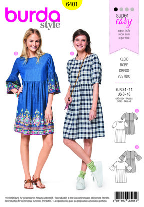 Burda Style Women's Swing Dress with Sleeve Variations B6401 - Paper Pattern, Size 8-18