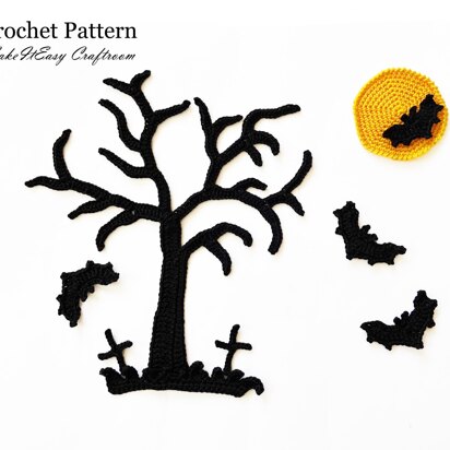 Halloween appliques Crochet tree Vampire Bat Moon Grass Patch Crochet pattern Halloween decoration Crochet card topper Spooky embellishments