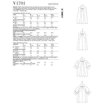 Vogue Misses' Top V1701 - Paper Pattern, Size A (S-M-L-XL-XXL)