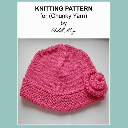 Elspeth Girls Ladies One Size Rose Corsage Pink Beanie Hat Chunky Knitting Pattern by Adel Kay