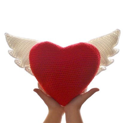 Winged Heart. Decorative Cushion. Valentine Crochet Heart. Angel Wings. Love Heart