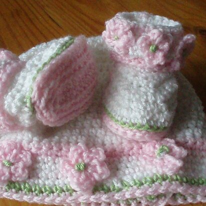 Rosy Posy Baby Booties and Hat