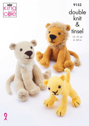 Lion Family Knitted in King Cole Big Value DK and Tinsel Chunky - 9152 - Downloadable PDF