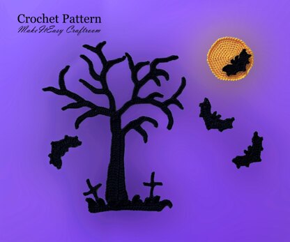 Halloween appliques Crochet tree Vampire Bat Moon Grass Patch Crochet pattern Halloween decoration Crochet card topper Spooky embellishments