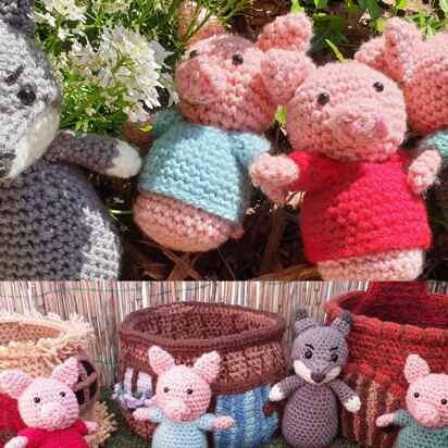 Three Little Pigs and the Big Bad Wolf Straw, Stick and Brick Houses Amigurumi