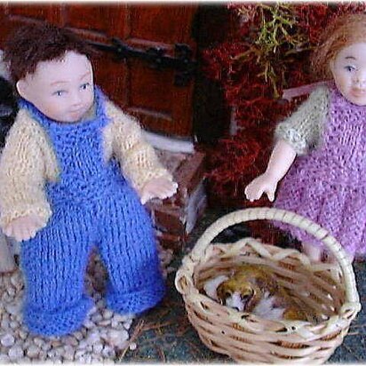 1:12th scale Toddlers dungarees, skirt and jumpers c. 1950s