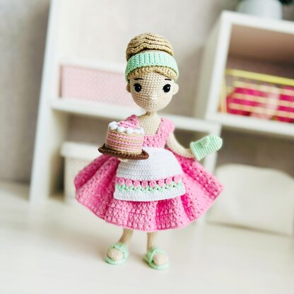 Crochet doll pattern, Amigurumi 9 inch doll in pink skirt