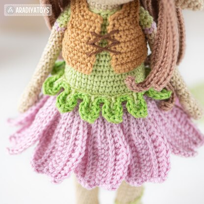 Amigurumi Crochet Doll Pattern LUNA with Kawaii Sprout by AradiyaToys (Olka Novytska) collection tutorial PDF file, elf crochet pattern doll dress fantasy kawaii