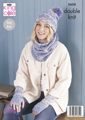 Scarf, Wristwarmers, Hats, Mitts & Snood Knitted in King Cole Fjord DK - 5654 - Downloadable PDF