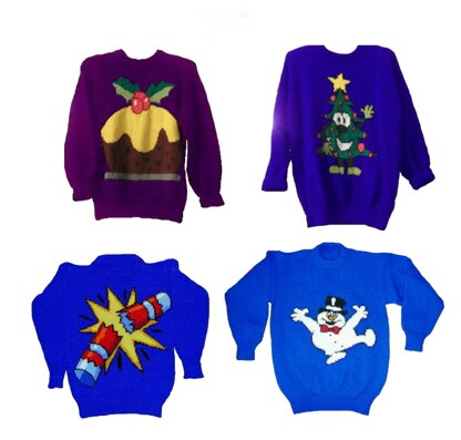 4 x Plus Size Christmas Jumper Knitting Patterns #8 Pudding Tree Cracker Snowman