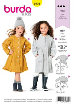 Burda Style Children's Dresses, Buttons at Front, with Trim and Pocket Variations B9309 - Paper Pattern, Size 2-7