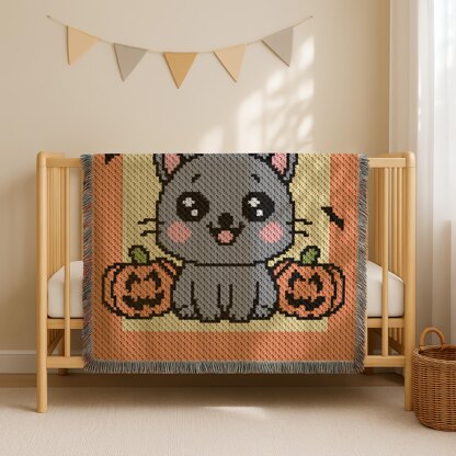 C2C CROCHET PATTERN Halloween Pumpkin Kitten Blanket Gray Cat Afghan Spooky Lapghan