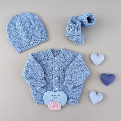 Rob Newborn Baby Cardigan Hat & booties Knitting Pattern