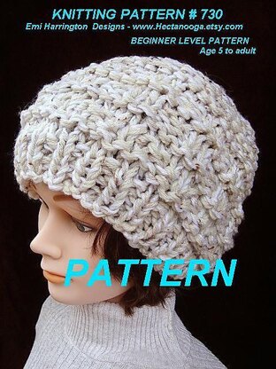 730 Weave style knitted beginner hat, beanie, cloche