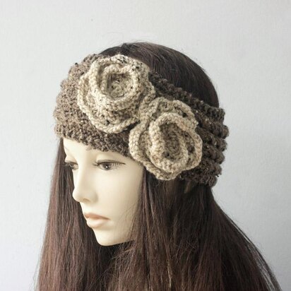 Mock Cable Flower Headband, Ear Warmers - knitting pattern