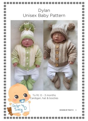 Dylan Baby unisex cardigan, hat and booties knitting pattern