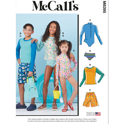 McCall's Children's, Girls' and Boys' Rash Guard Bodysuit, Top, Shorts and Bikini M8395 - Sewing Pattern
