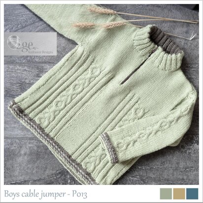 Boys cozy cable jumper with contrasting trim P013 - knitting pattern