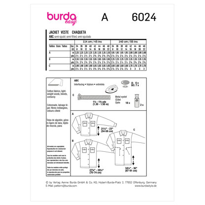 Burda Style Easy Jacket B6024 - Paper Pattern, Size 34 - 48