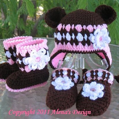 Bear Hat, Baby Booties and  Baby Mittens Set