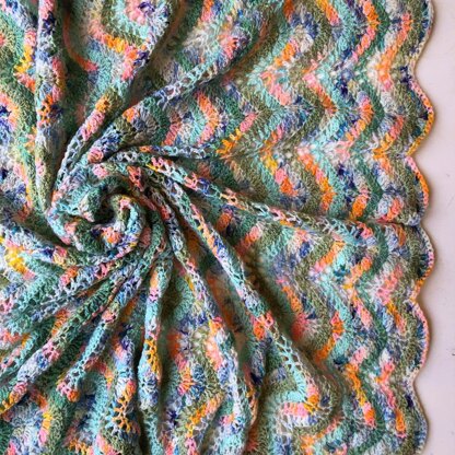 Crochet Baby Blanket, Hand Made, Feather Design, Variegated Yarn 