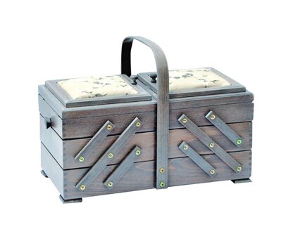 Large Cantilever Sewing Box With Fabric Pin Cushion Lids - Antique Grey
