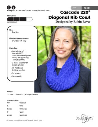 Diagonal Rib Cowl in Cascade Yarns 220 Superwash® - W818 - Downloadable PDF