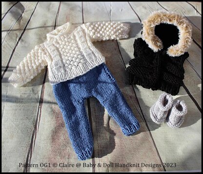 Knitting Pattern OG1 Jeggings, Sweater, Bodywarmer & Boots to fit 18 inch Fashion Doll