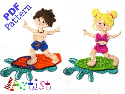 Surfer Boy & Girl Crochet Apllique