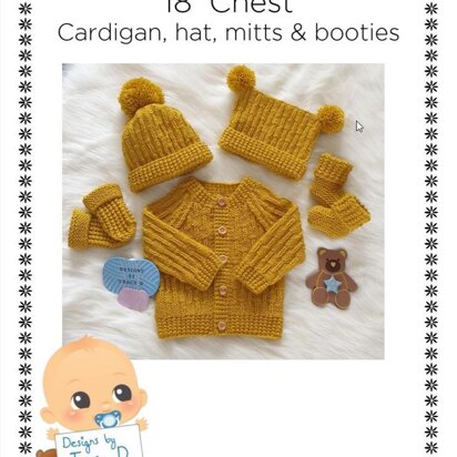 Zack baby knitting pattern cardigan, hat, mitts and booties 0-6 mths 18" chest