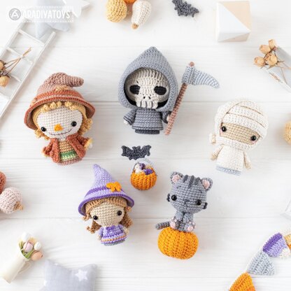 Halloween Minis set 3 from “AradiyaToys Minis” collection / crochet patterns (Amigurumi tutorial PDF file) witch scarecrow grim reaper crochet pattern amigurumi black cat mummy tutorial halloween crochet pattern by AradiyaToys (Olka Novytska)