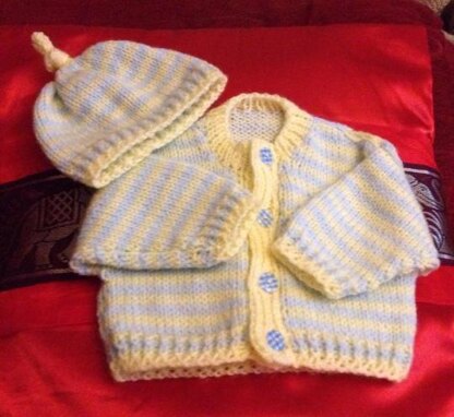 Stripe Cardi and Matching Beenie Hat and Boots 0-3mths