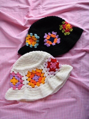 Crocheted granny squares floppy hat