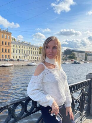 One shoulder turtleneck crochet sweater