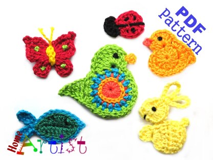 Set 1 Bird Ladybug Bunny Butterfly Chick Fish Crochet Pattern applique