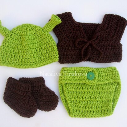 Shrek Baby Hat, Vest, Diaper Cover and Booties Costume