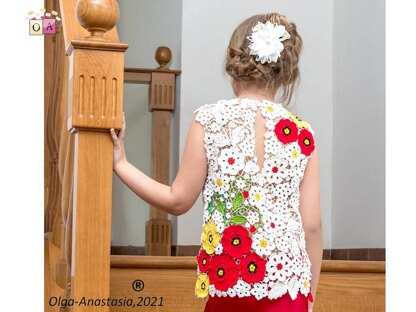 Lace blouse with poppies for girls