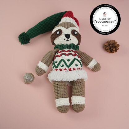 Sloth Wearing Green & Red Noel Hat Plush Toy Crochet Pattern