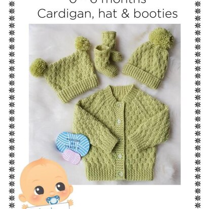 Harper unisex baby knitting pattern cardigan, 2 hats and booties 0-6mths