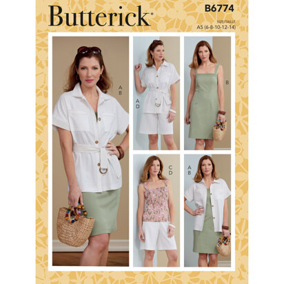 Butterick Jacke, Schärpe, Kleid, Oberteil und Shorts für Damen B6774 - Schnittmuster