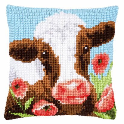 Vervaco Cross Stitch Kit: Cushion: Cow in Poppy Meadow - 40 x 40cm
