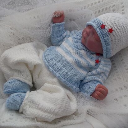 Pattern #46 - Striped Sweater, Long Trousers, Beanie Hat, Bootees for Baby Boy or Reborn Doll